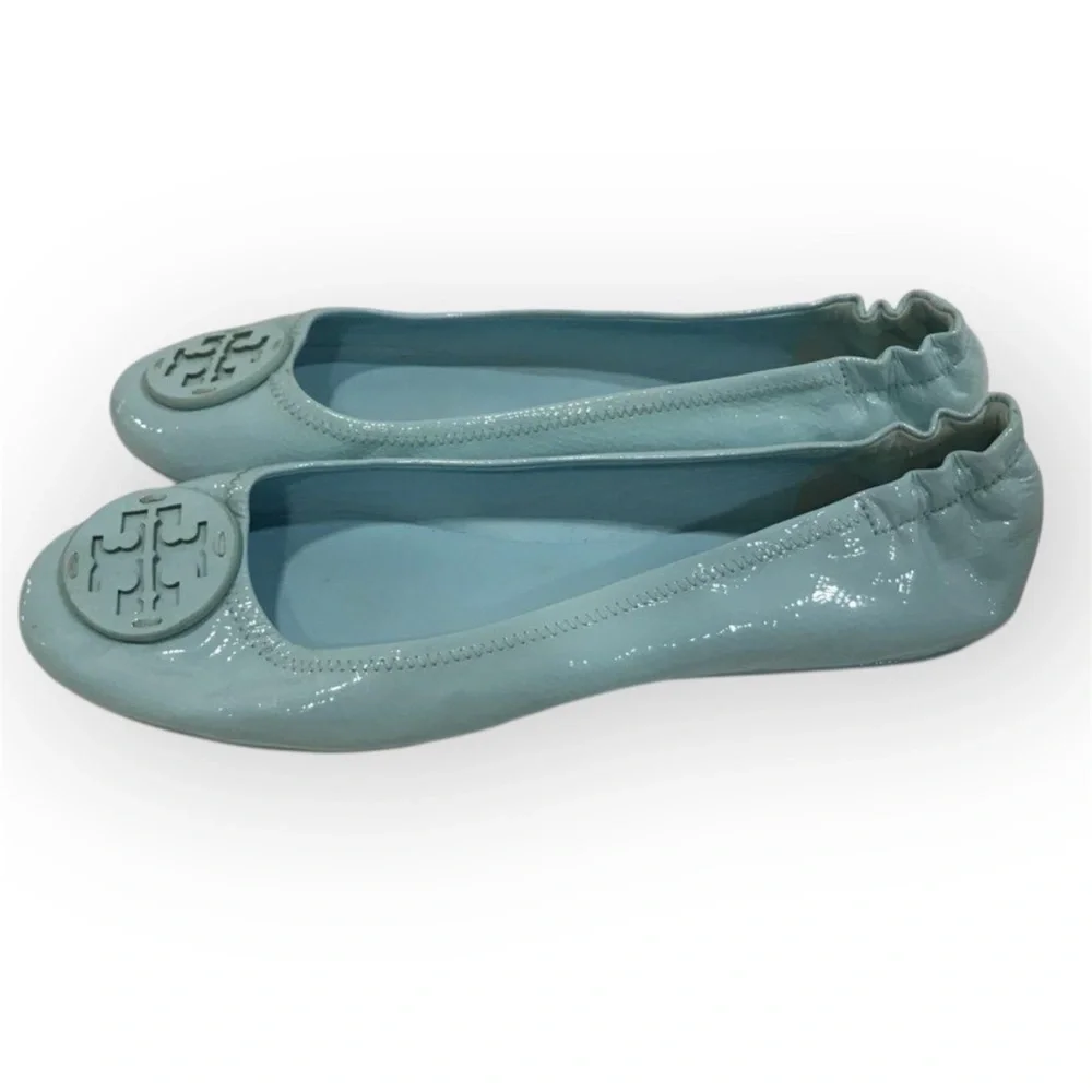 Tory Burch 11M, Minnie Travel Ballet Flats, AUDREY BLUE Crinkle Metallic Leather